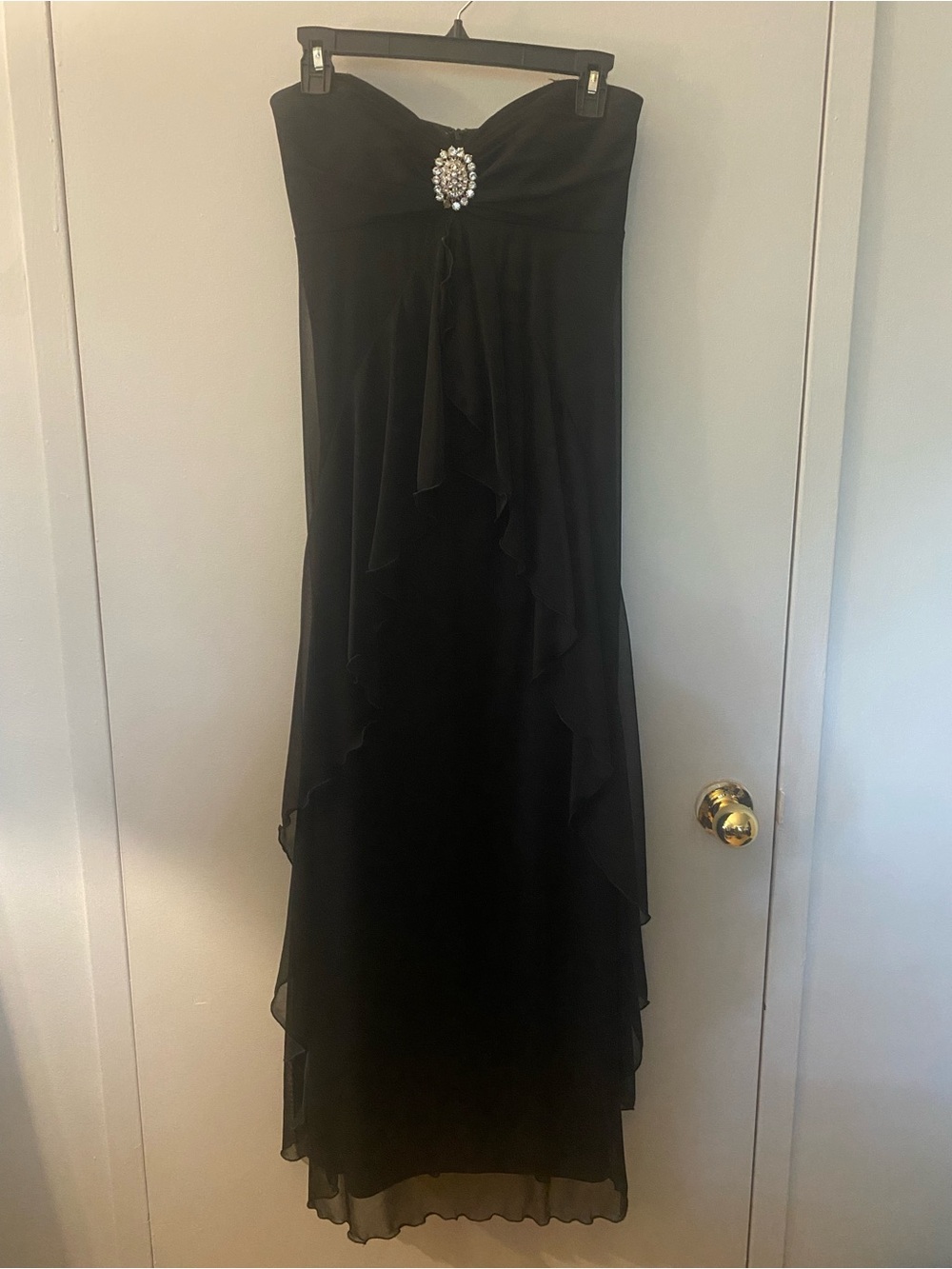 Jolie Black Strapless Chiffon Gown with Rhinestone Brooch